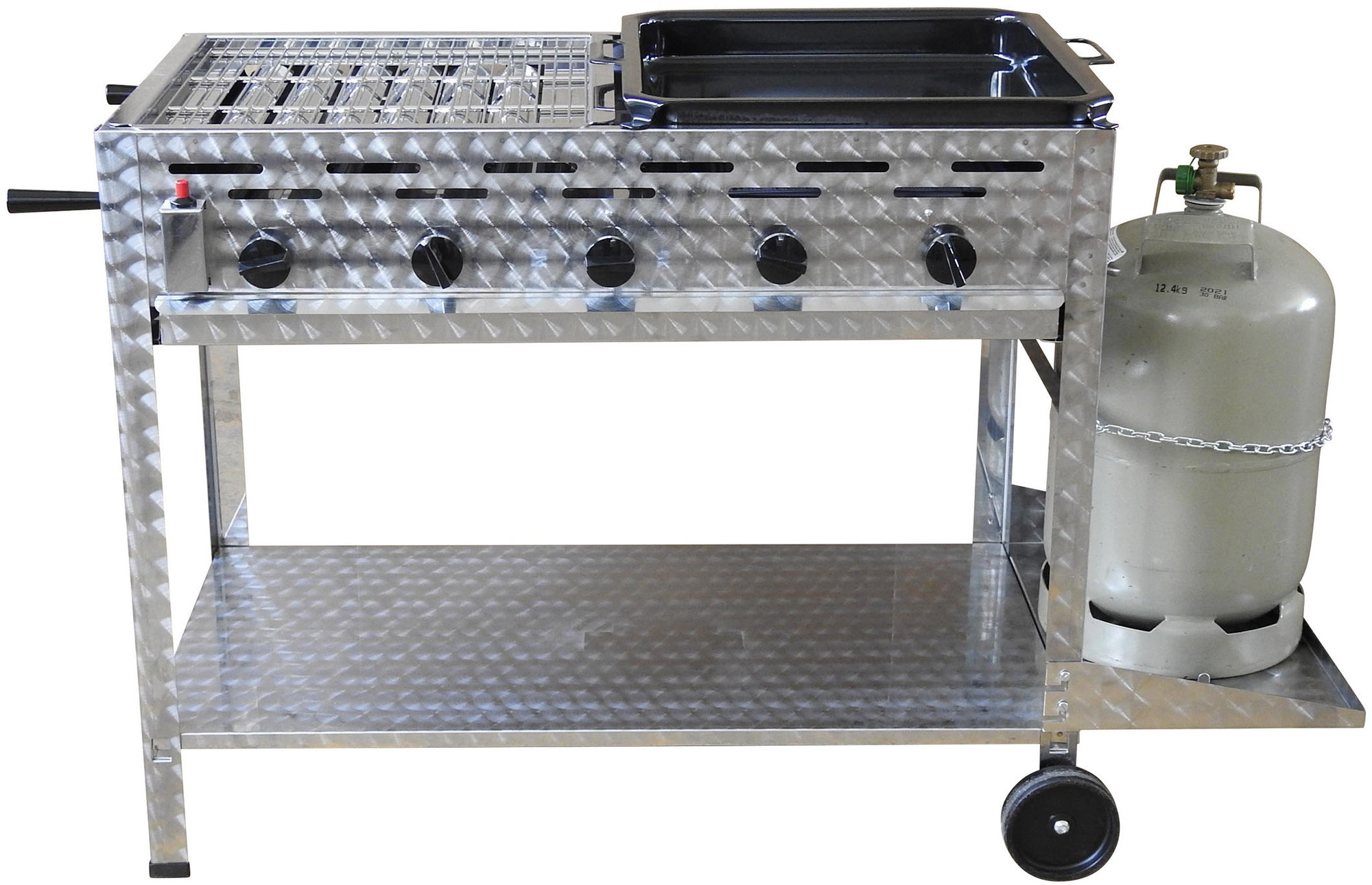 Profi-Gasgrill 5 flammig, fahrbar, mit 1/2 Rost und 1/2 Pfanne